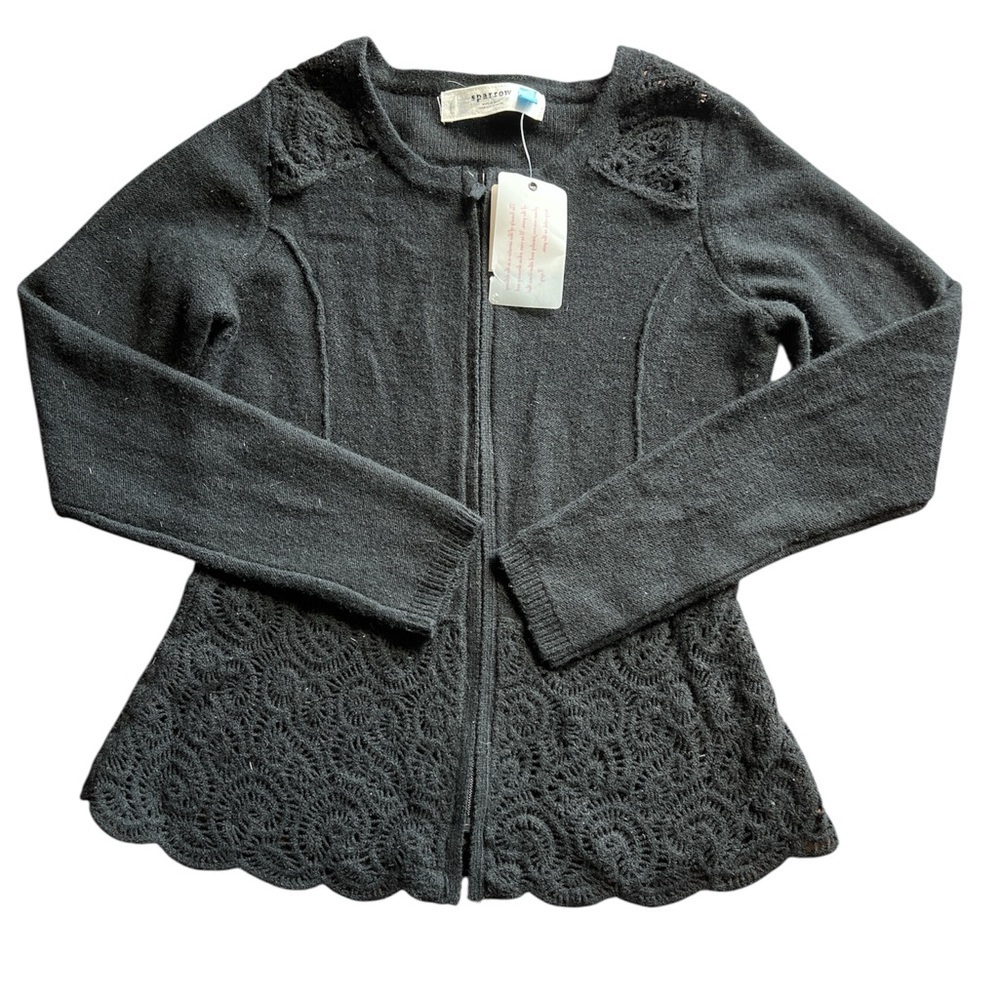 Anthropologie Sparrow Wool Blend Cardigan Black Fitted XS Crochet Detail NWT